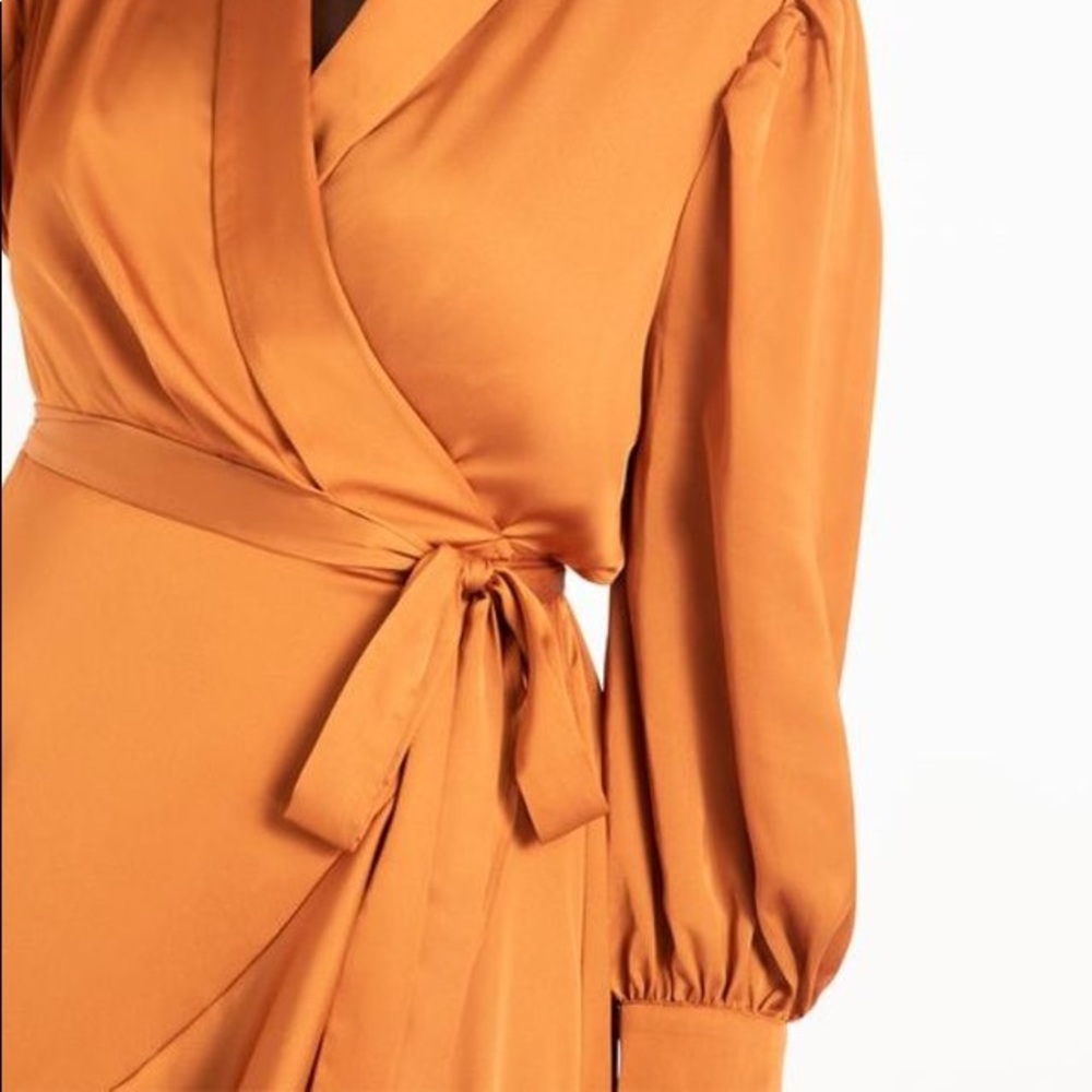 Eloquii Satin Bishop Sleeve Wrap Dress with Pearl buttons on Cuff